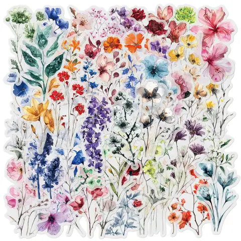 Bilashmart 50Pcs Ink Flower Stickers DIY Phone Case Material Handbook Water Cup Plant Transparent PET Stickers