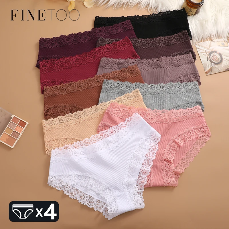 FINETOO 4Pcs Cotton Ribbed Striped Underwear Women\'s Lace Panties Sexy Floral Comfortable Briefs Low-Waist Breathable Lingerie