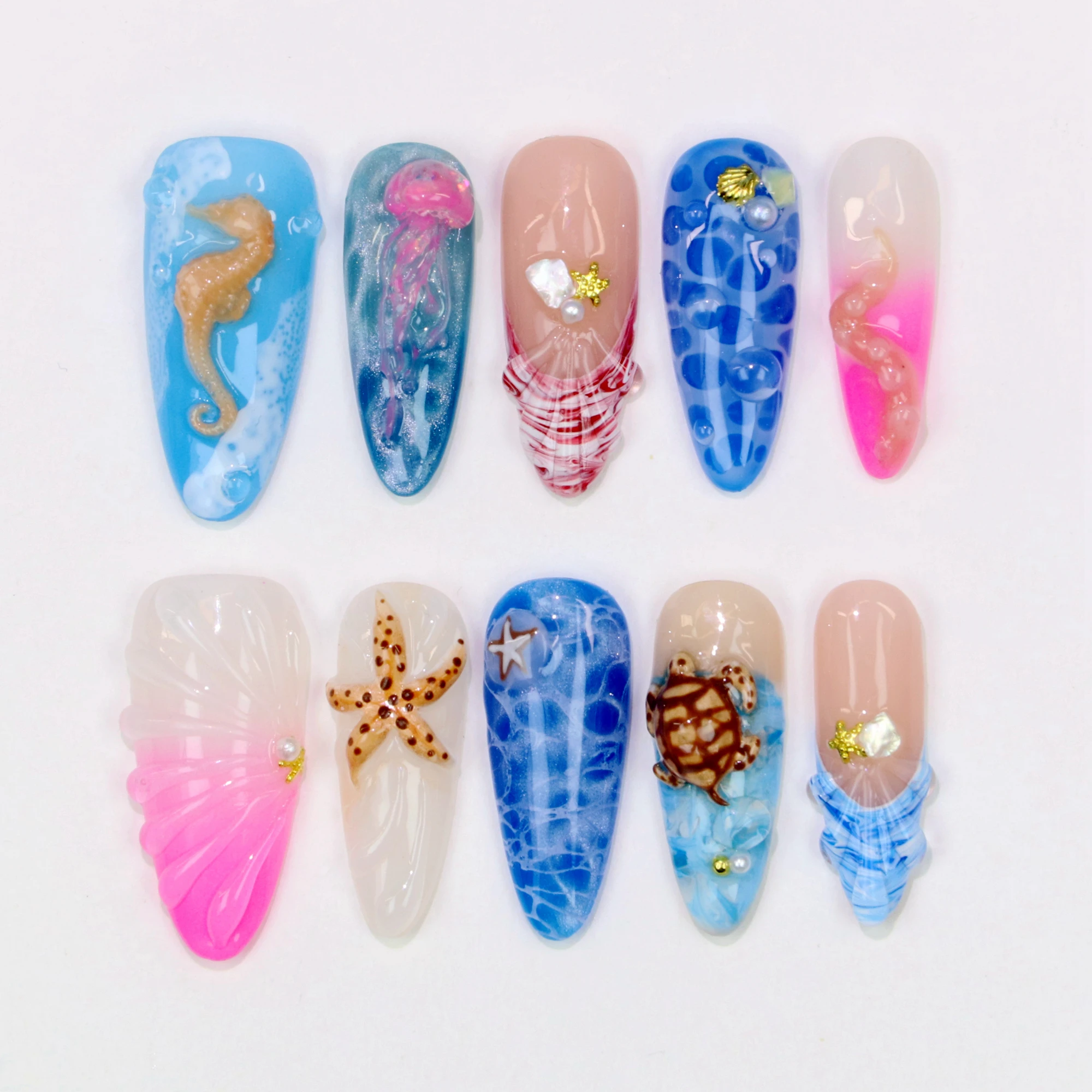 

10 шт. Y2K, ручная роспись, синие цветы, пресс для ногтей, 3D акриловый металлический кристалл, индивидуальный дизайн, свободный стиль, миндальный пресс, праздничные ногти