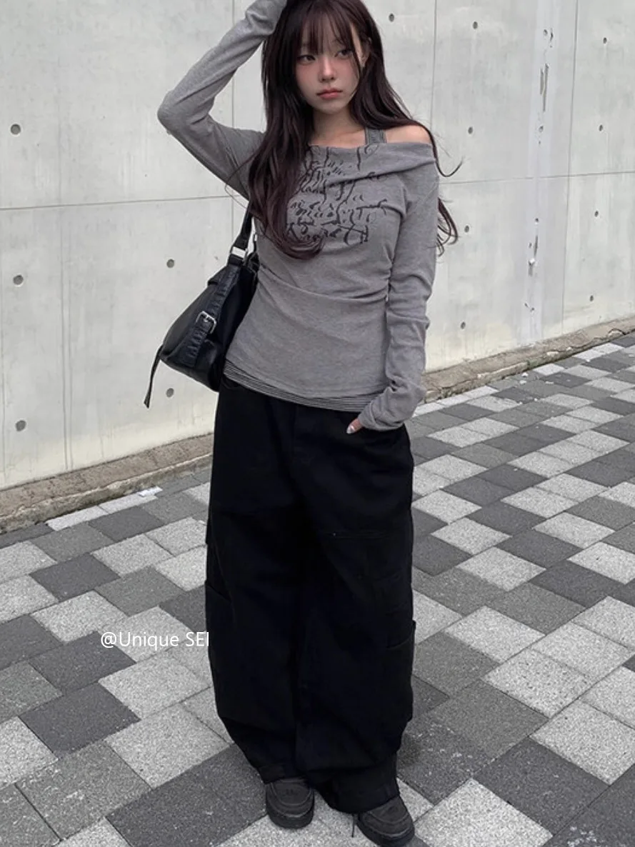 韓国風オフショルダープリントフェイクツーピース長袖Tシャツ女性用秋スパイシーガールスリムフィットカジュアルY2kトップ