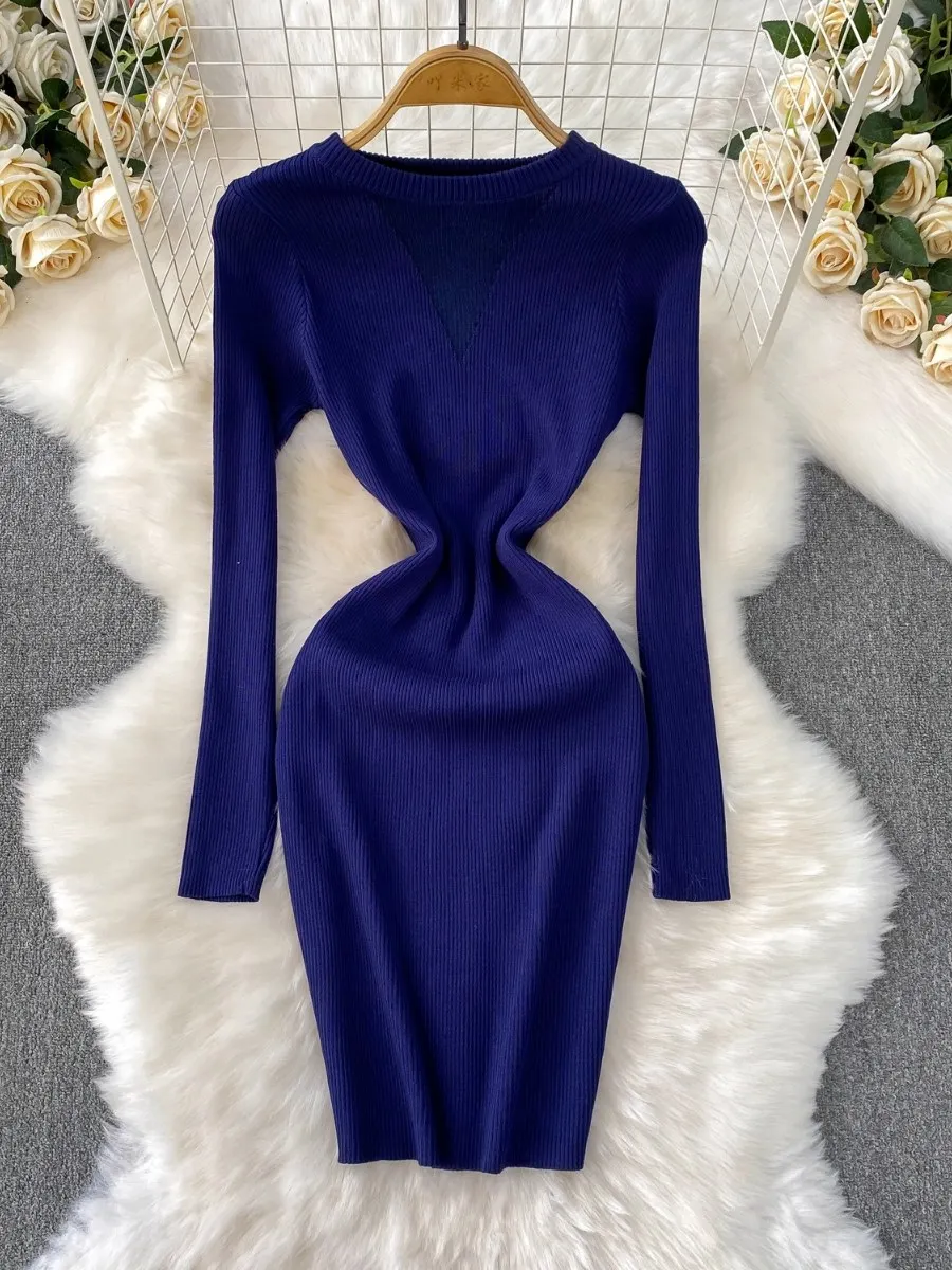 Foamlina Feminine Sexy Sheer V Neck Long Sleeve Knit Dress Women Winter Body Sculpting Slim Fit Bodycon Midi Skirt