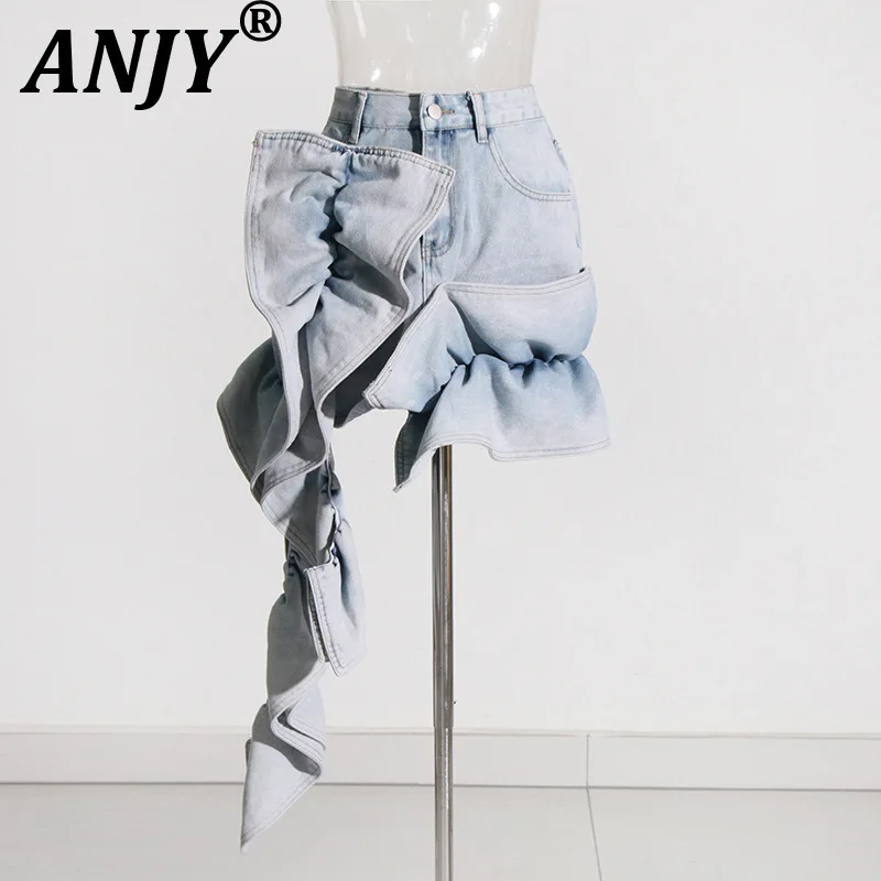 

ANJY 2025 Summer New Women American Retro High Street Niche Design Patchwork Ruffles High Waisted A-line Denim Mini Skirts A7199