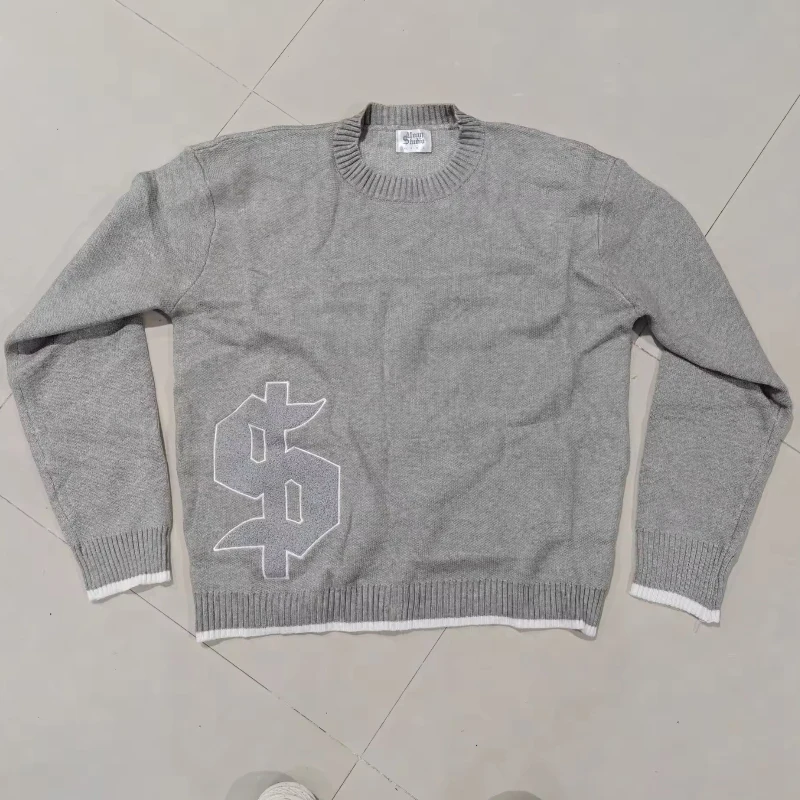 

Европейский и американский осенне-зимний серый вязаный свитер с круглым вырезом, пуловер Y2K с популярным рисунком, теплая мужская и женская одежда