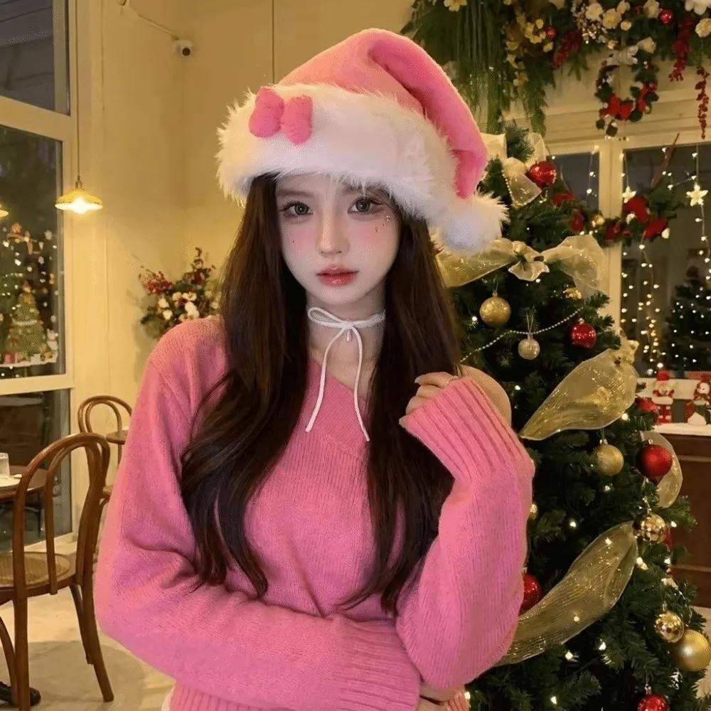 New Pink Bow Christmas Hat White Fur Ball Soft Santa Hat Lightweight Velvet Princess Festival Hat for Christmas Party