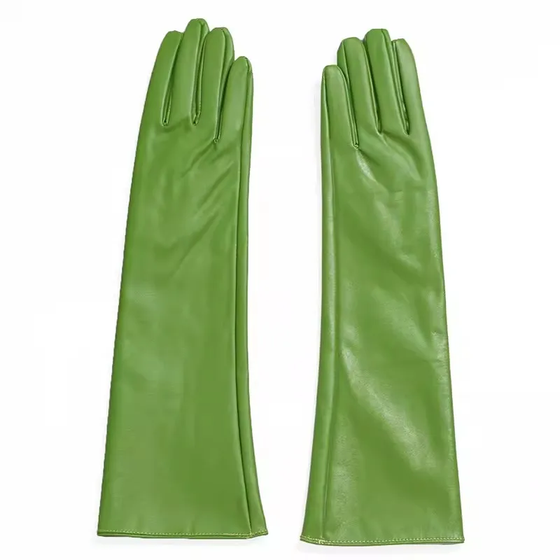 Women's Elegant Fashion Long PU Leather Green Glove Female Driving Photograph Performance Party Glove 40cm R1294