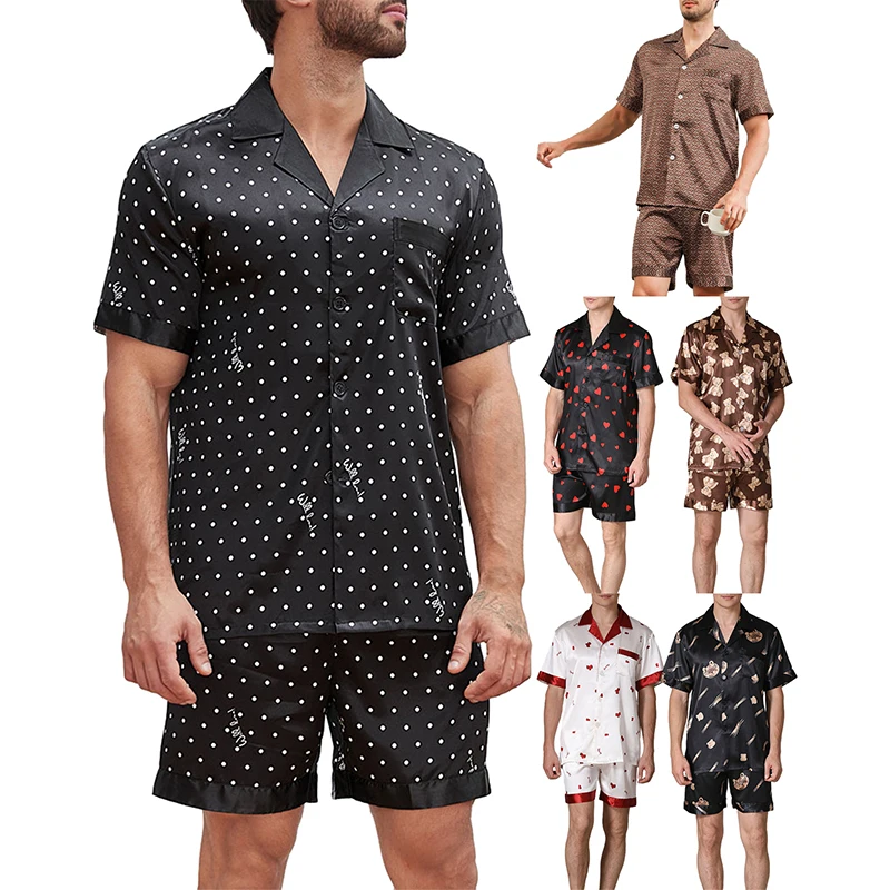 Men Silk Satin Pajamas Sets Prints Short Sleeve Lapel Sleepwear Casual Button-Down PJs Sets Two-Pieces Short Sets Loungewear