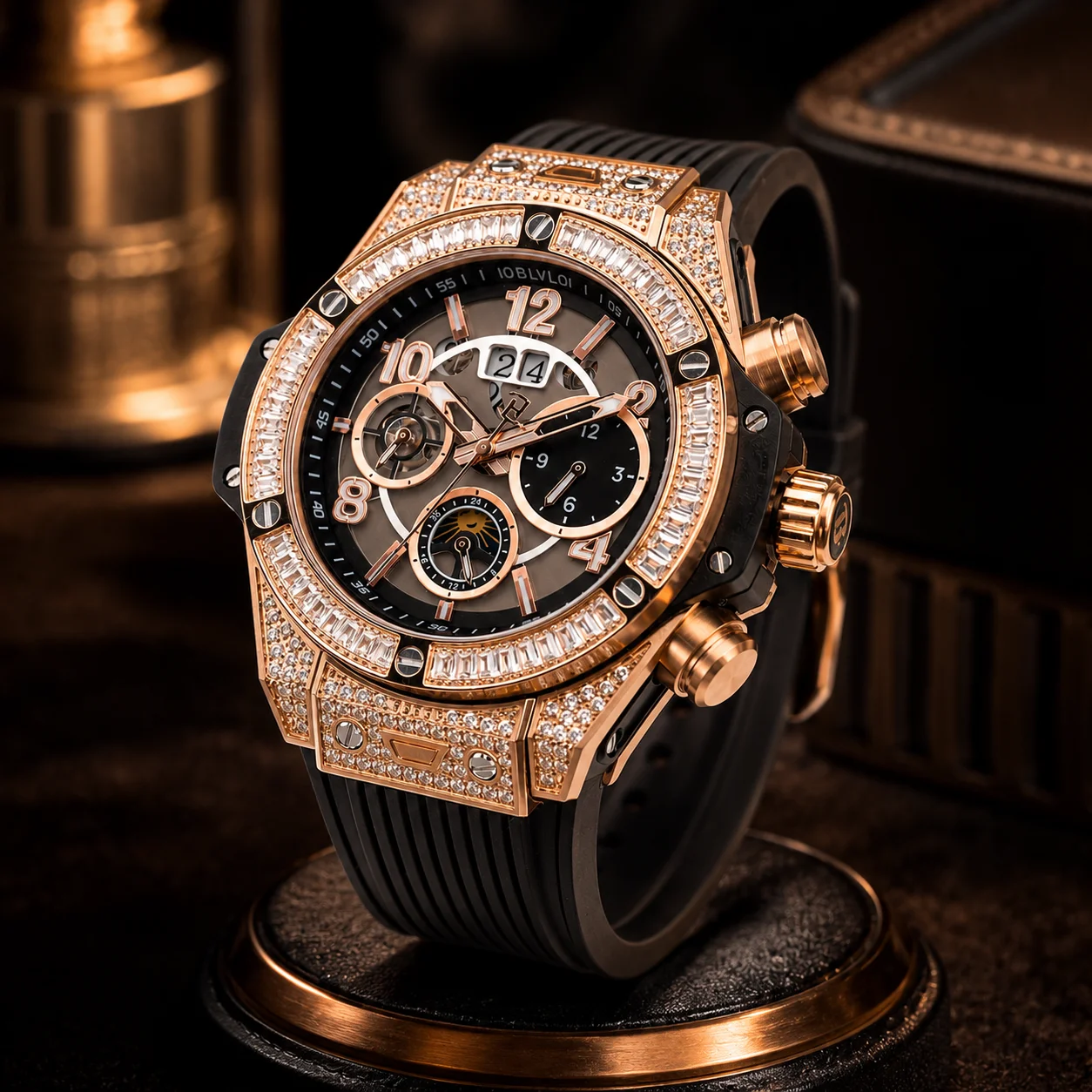 OBLVLO 48mm Luxury Men's Mechanical Dial Classic Watch Full Diamonds Multi-function Waterproof Automatic Rubber Band HM-BGT