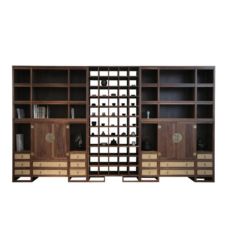 

New Chinese-style all-solid wood display cabinet Zen light luxury background wall tea storage cabinet