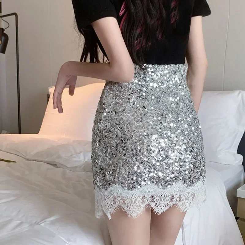 Rimocy sexy Silber Pailletten rock Frau Spitze Patchwork hohe Taille Miniröcke für Frauen glänzende Party Nachtclub Tanzrock Damen