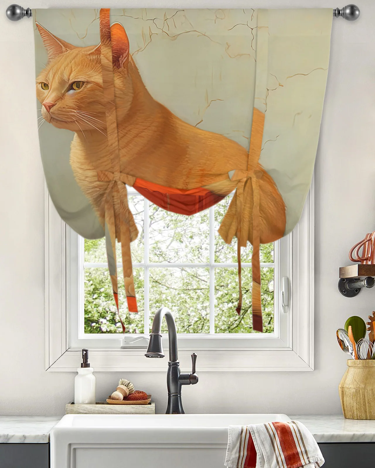 Cat'S Tattered Walls Window Curtain for Living Room Home Decor Blinds Drapes Kitchen Tie-up Short Curtains