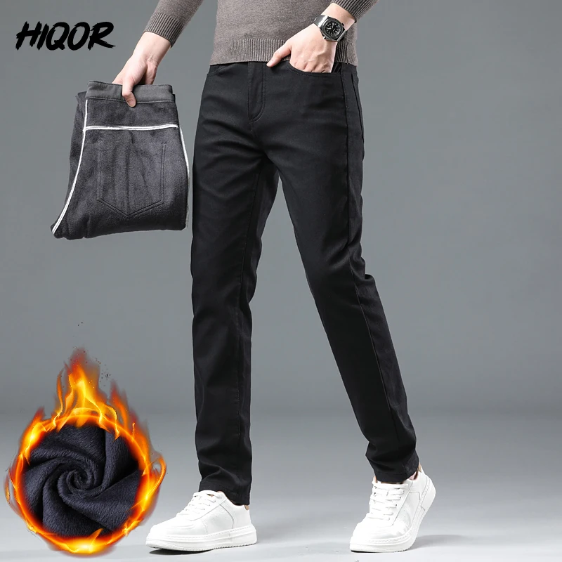 HIQOR Men\'s Fleece Straight Leg Casual Pants Winter Mens Business Work Pants Thick Cotton Army Green Trousers Male Suit Pants