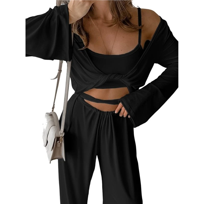 Women's Twisted Long Sleeve Top & Sleeveless Inner Tank & Wide Leg Pants Three Piece Set Black S Eco-Friendly