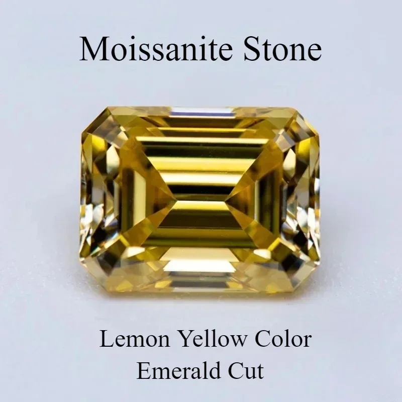 

Moissanite Gemstone Lemon Yellow Color Emerald Cut Lab Grown Diamond DIY Ring Necklace Earrings Main Materials With Report