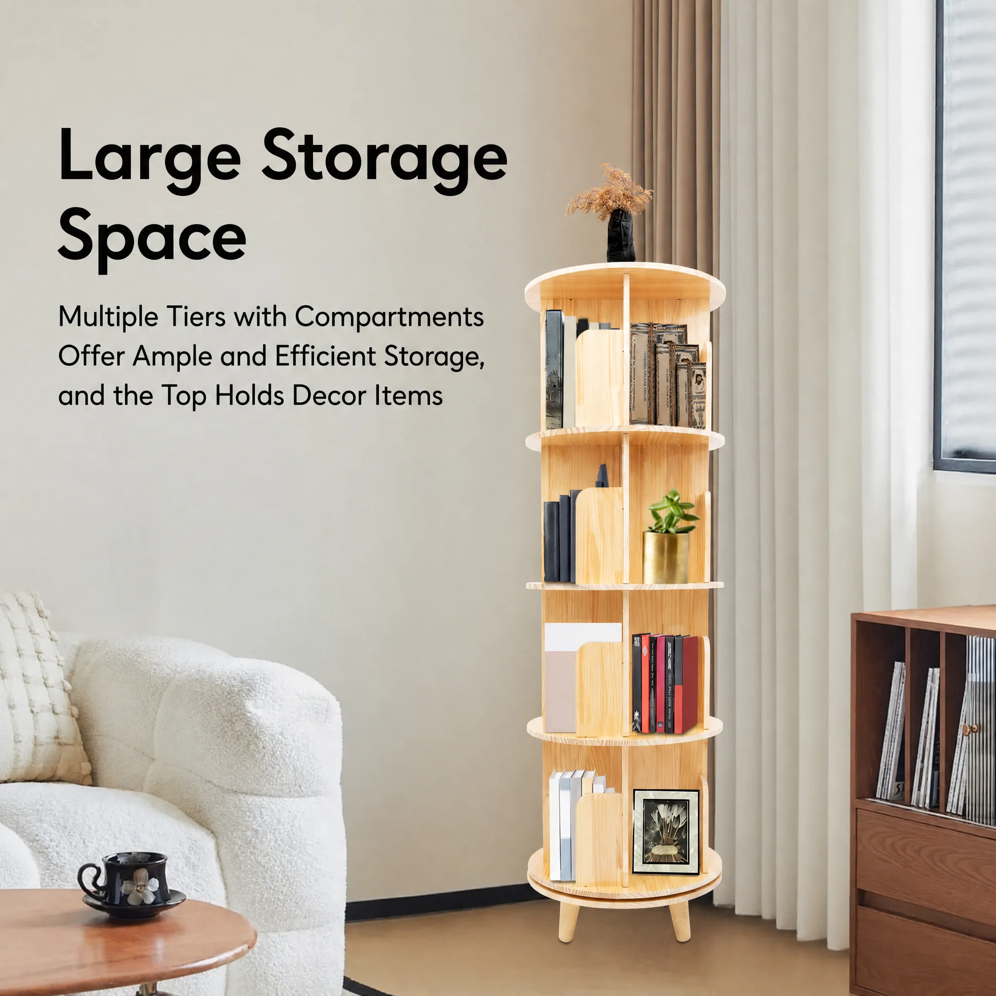 Rotating Bookshelf, 4 Tiers Wooden Book Rack, Freestanding Revolving Bookcase for Storing Books, Precious Souvenirs Layer Height 31cm/12.2in