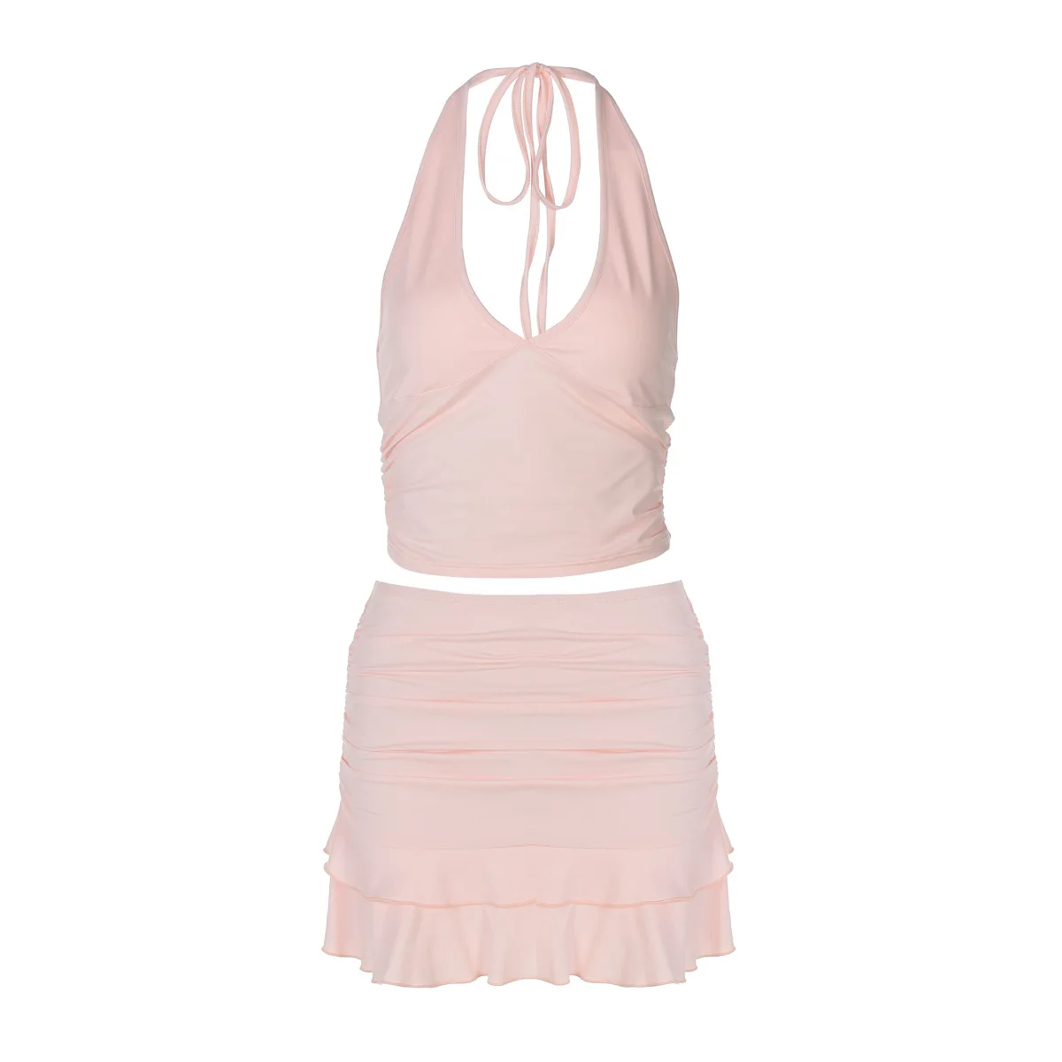 ヨーロッパとアメリカのセクシーなVネックホローネックベストタイト超ショートソリッドカラーファンガスエッジショートスカートセットツーピースセット