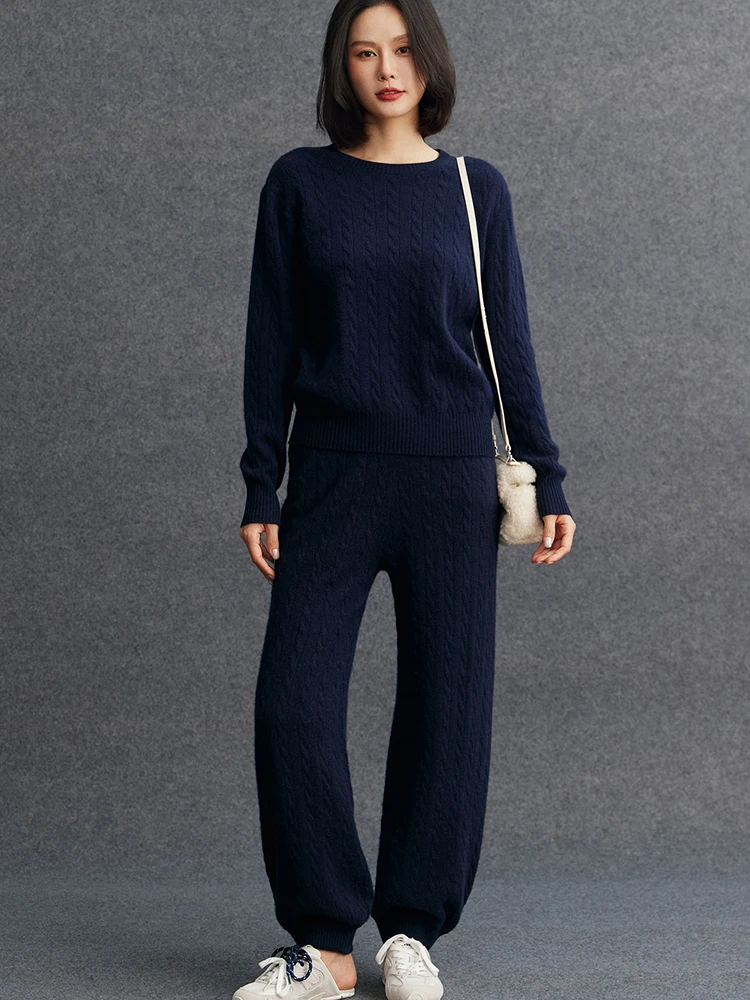 TLOML New Women's 100% Cashmere Knitted Cable Knit Bloomers Pants Autumn Winter Soft Warm Comfy Casual Trousers Cashmere Pants
