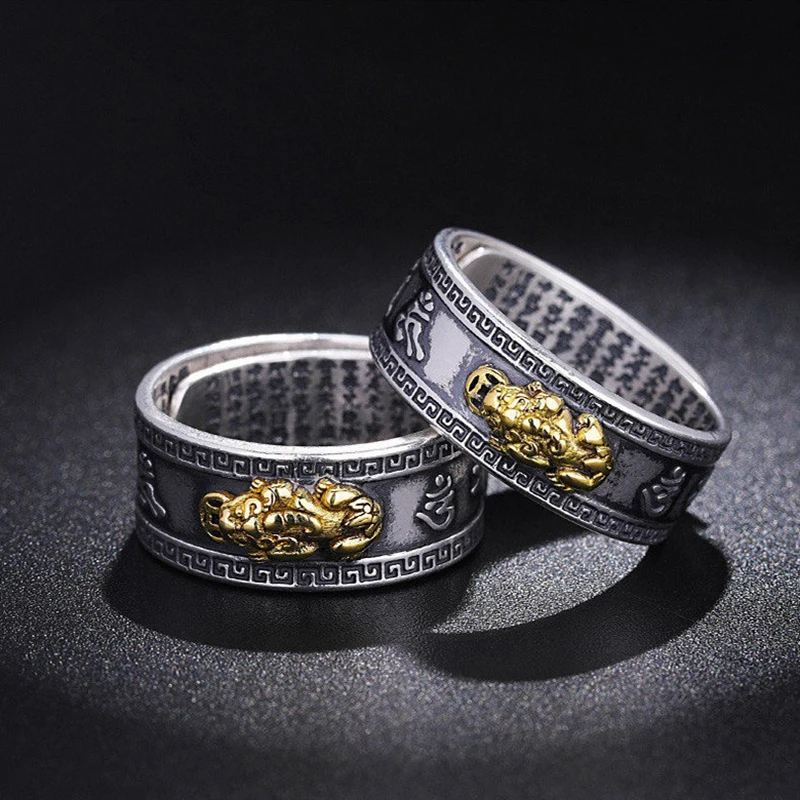 Fashionable Retro Heart Sutra Open Ring Dominant Wealth Attracting Treasure Men\'s Ring