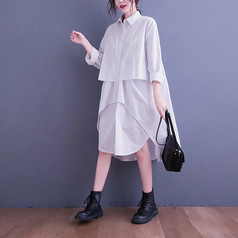 Spring Autumn Asymmetrical Front Button Shirt Dress Women Solid Color Long Sleeve Polo Neck Casual Loose Long Shirt Blouse