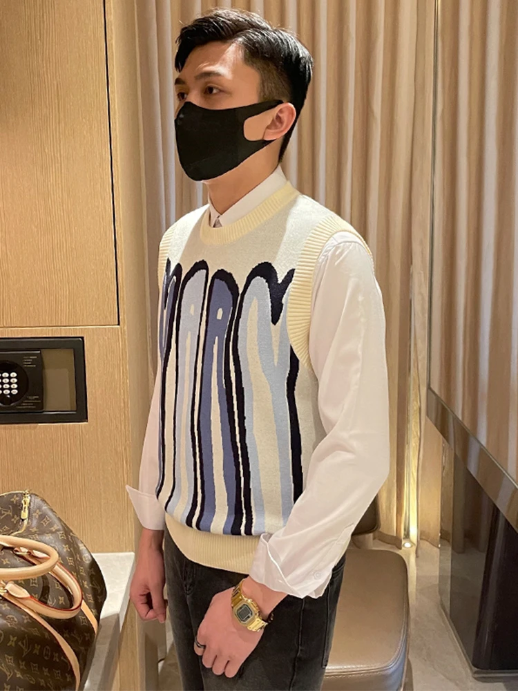 

Осень-зима, приталенный мужской вязаный жилет, уникальный свитер с вышивкой, модный повседневный круглый жилет