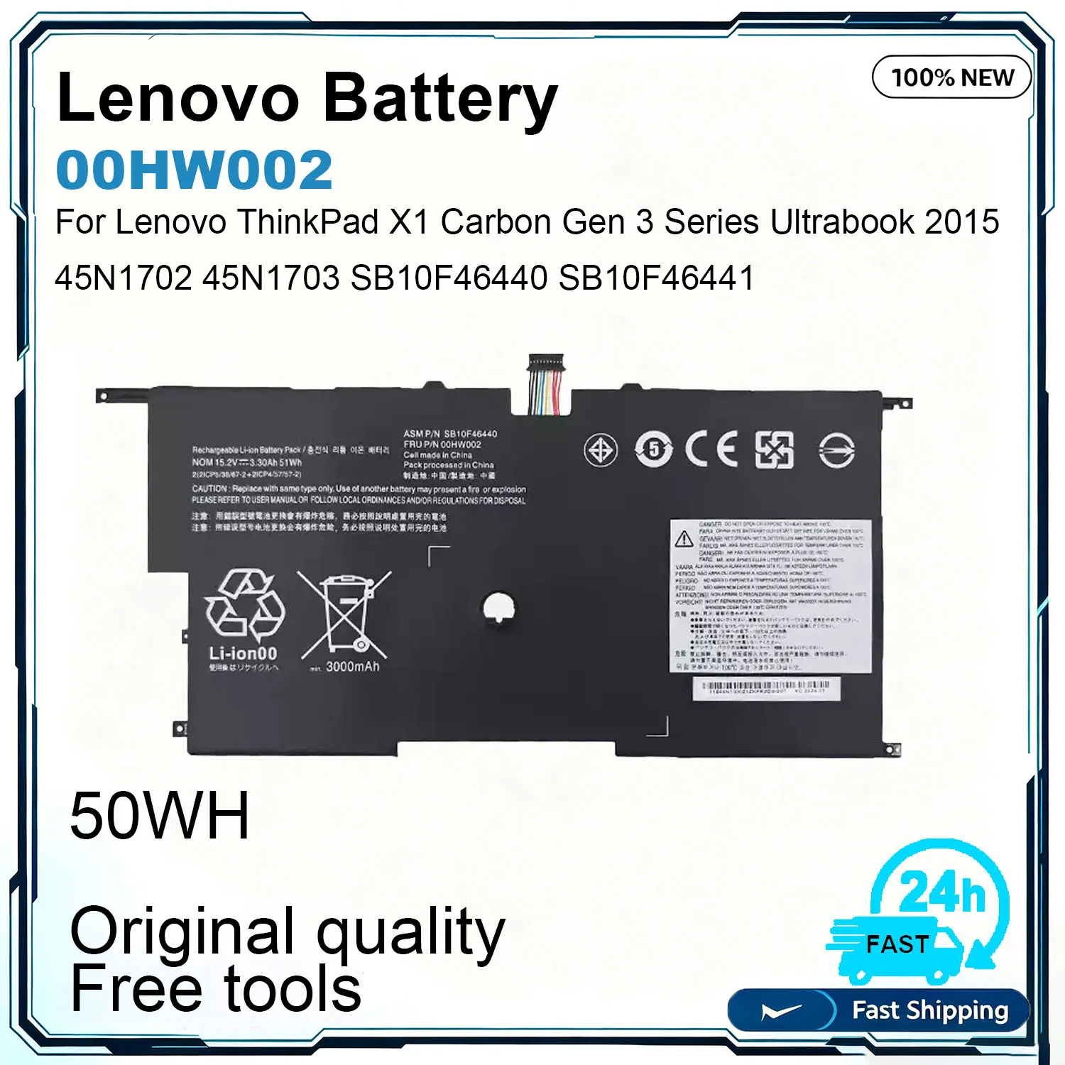 New 00HW002 00HW003 For Lenovo ThinkPad X1 Carbon Gen3 2015 20BT 20BS 00HW003 SB10F46441 45N1700 45N1701 45N1702 45N1703 15.2V