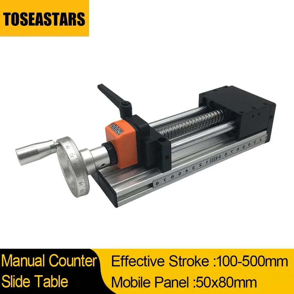 Manual Sliding Table Linear Guide Module Position Counter Hand Wheel 100-500mm Effective Stroke 50x80mm Mobile Panel Motion Stag