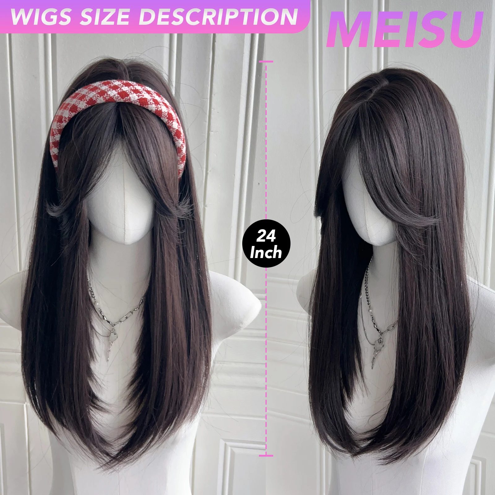 MEISU 24 بوصة الشاي الأسود الاصطناعية الانفجارات شعر مستعار مستقيم الطبقات مستقيم الباروكات الألياف مقاومة للحرارة حفلة أو صورة شخصية للنساء