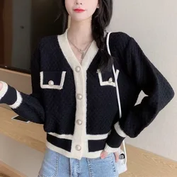 Spring and Autumn Women's V-neck Solid Color Panel Button Screw Thread Loose Fit Long Sleeve Knitted Cardigan Fashion Tops