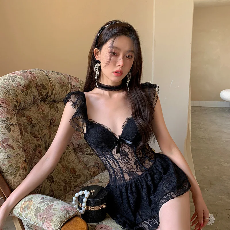 

2023 Big Size Cross Sexy Elastic Swimwear Women Black Lace Mesh Suits High Waist Bikini Swimsuit Beach Korean Girl Female