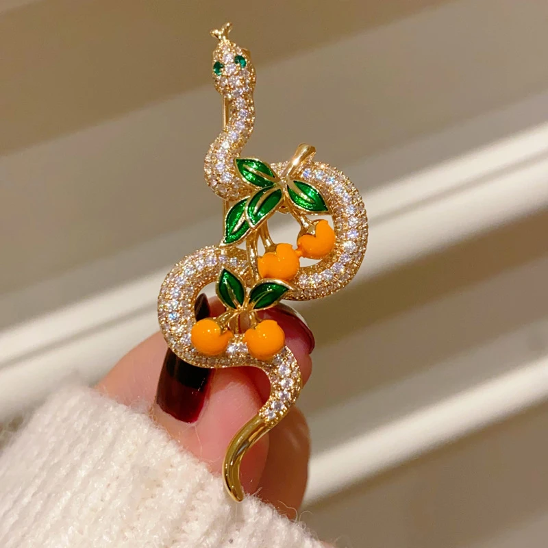 2025 Chinese Zodiac Snake Year Persimmon Brooches For Women Men Zircon Corsage High-end Simple Jacket Clothing Accessories Pin