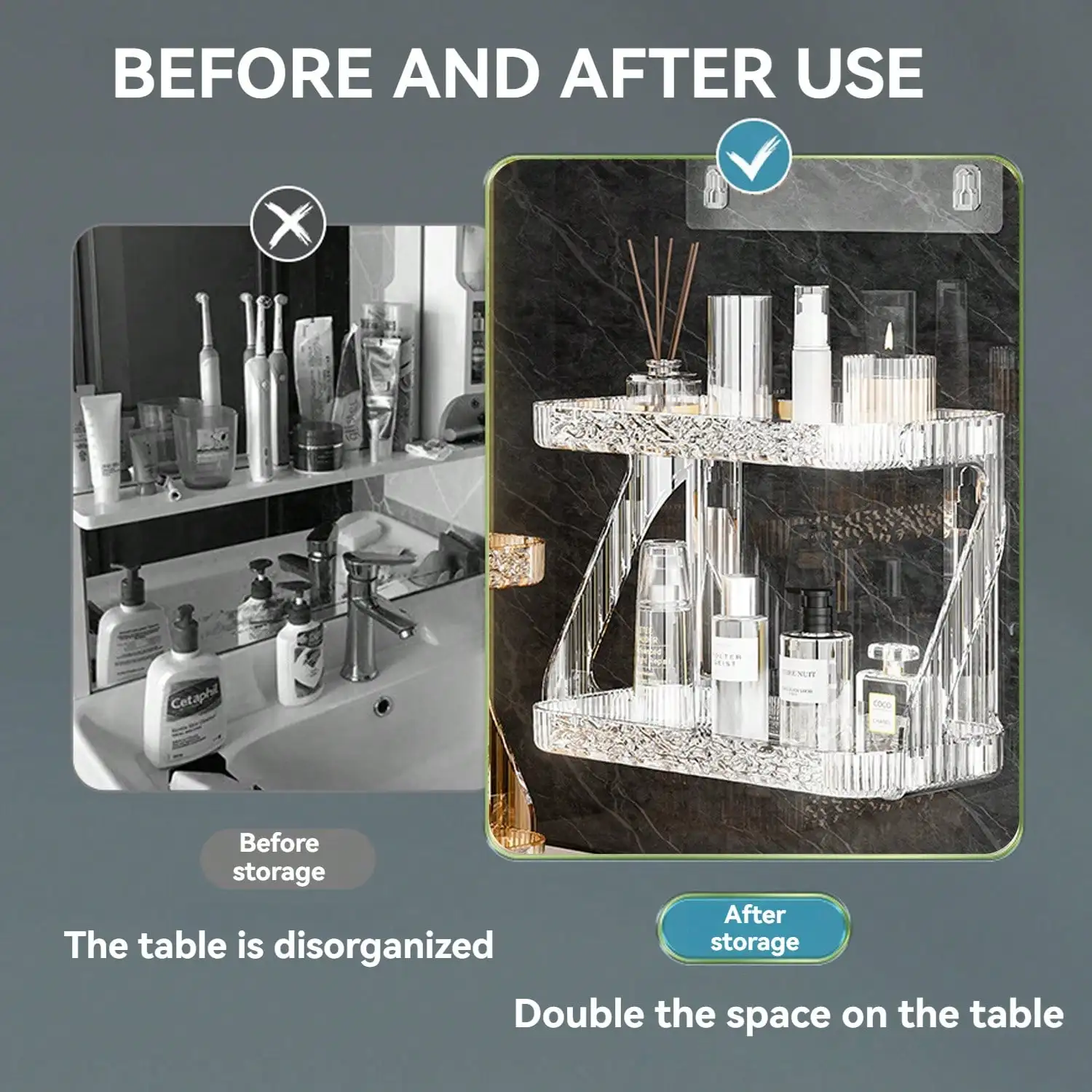 Double layer transparent bathroom storage rack wall mounted suitable for bathrooms, kitchens, bedrooms, no perforated rack