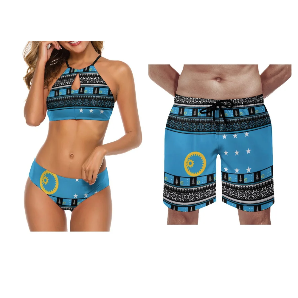 Tribal Peoples Polynesia Custom Couple Swimwear High-Waisted Halter Bikini Men'S Beach Shorts Quality Soft Fabric