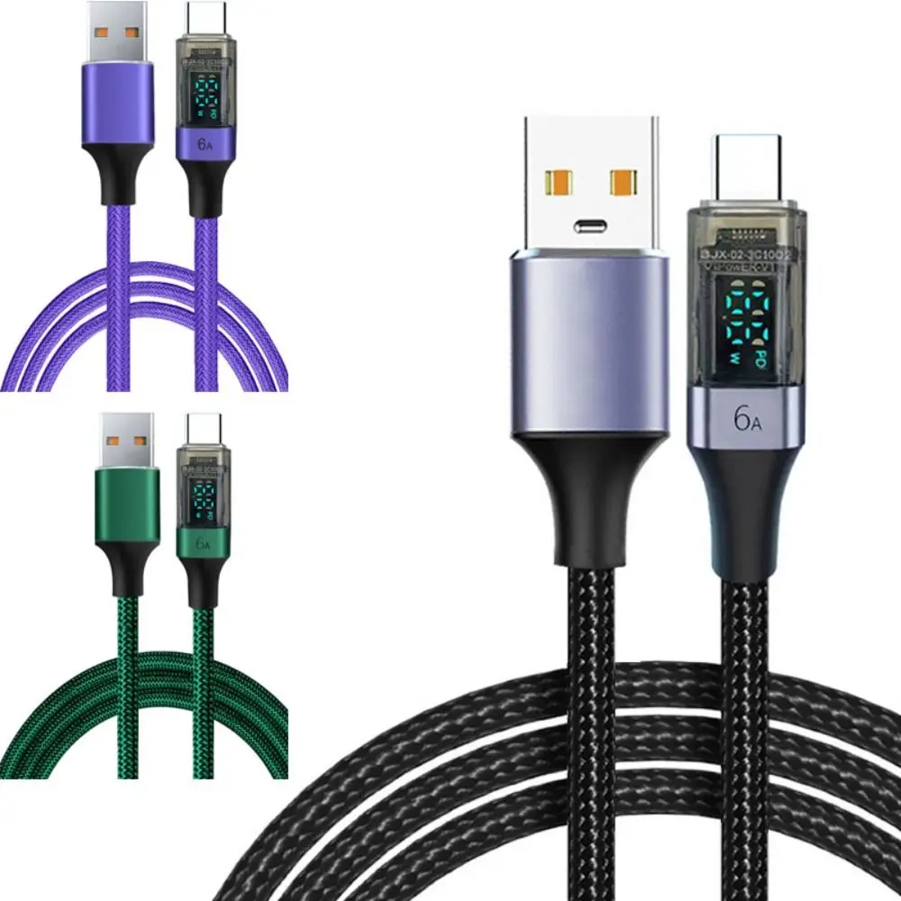 LED Display USB A to USB Type C Cable 6A PD 66W Data Line Nylon 0.5M/1M/2M for Xiaomi/Huawei/Samsung/OPPO/Vivo