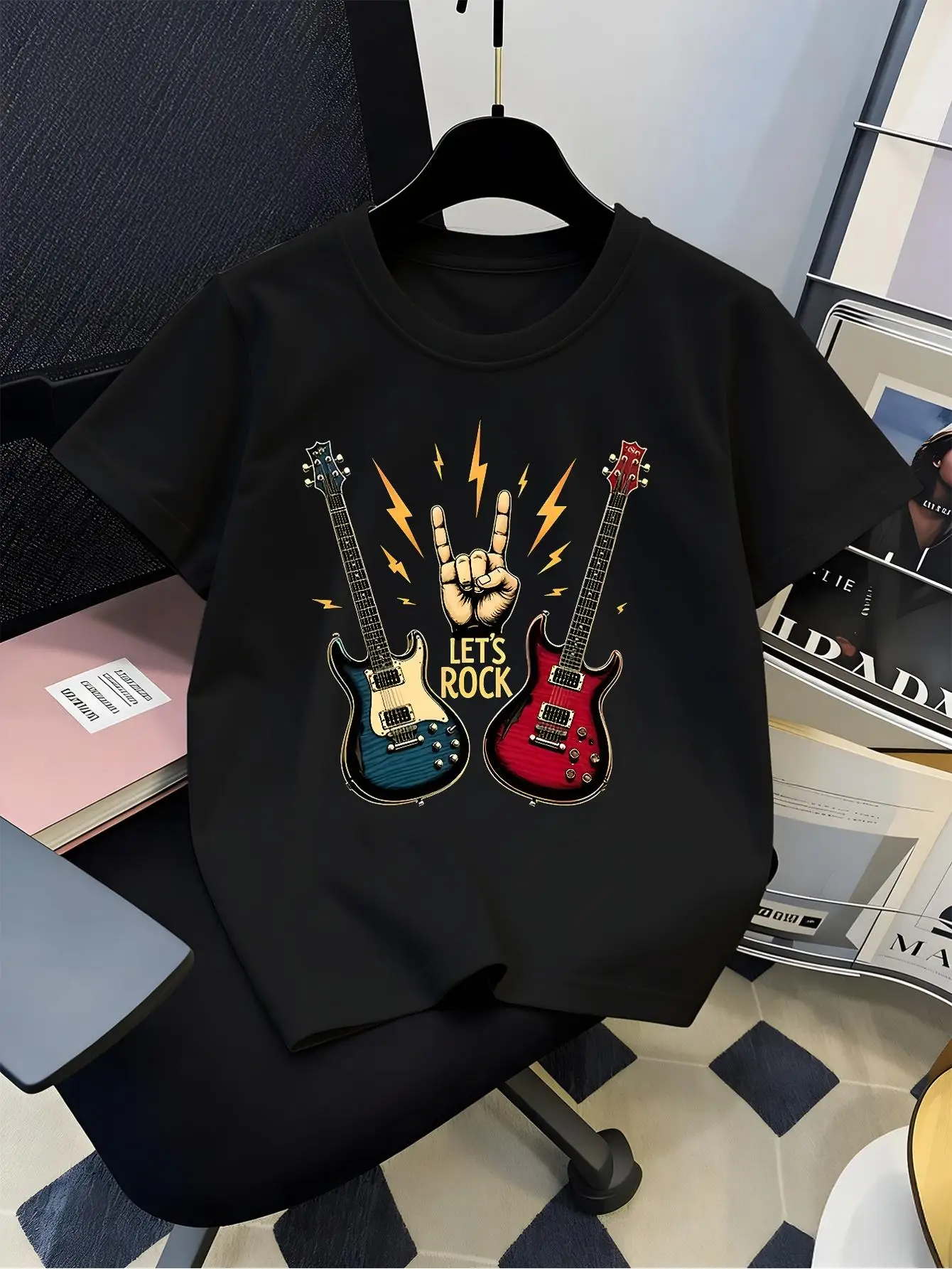 Lets Rock Electric Guitar Rock Hand Lightning Graphic Tee Boy Girls Family Matching Casual Parent Kids Music Short Sleeve Outfit