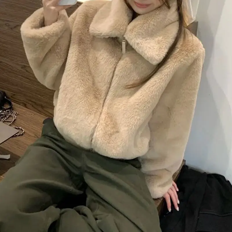 Women Faux Mink Fur Short Jackets Lapel Zipper Plush Loose Long Sleeve Warm Coat Casual Winter Vintage Fluffy Basic Outerwear