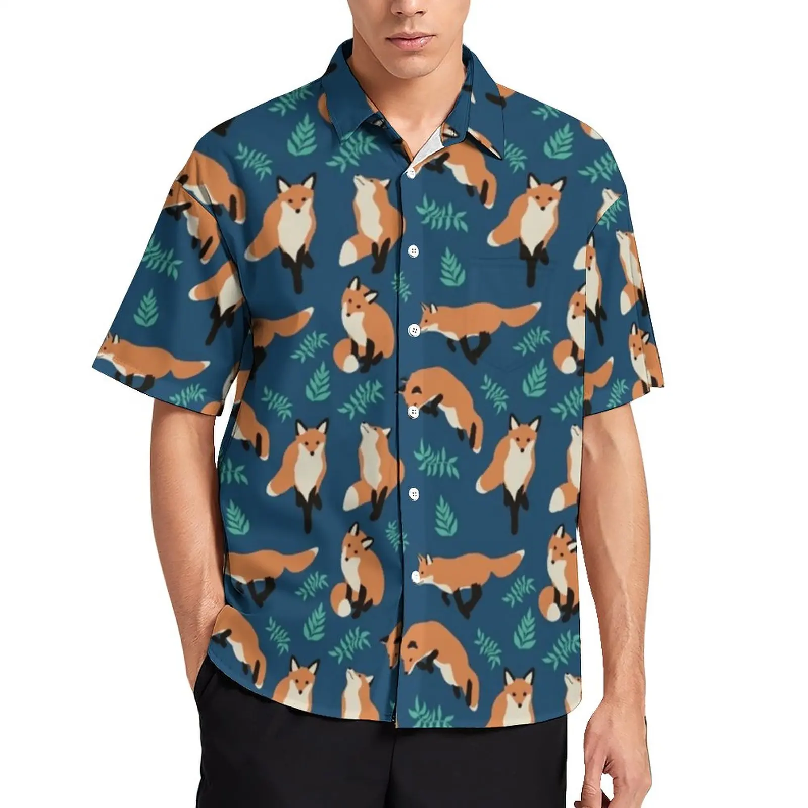 Cute Fox Animal Beach Shirt Green Leaves Print Hawaiian Casual Shirts Male Harajuku Blouses Summer Graphic Clothes Plus Size 4XL