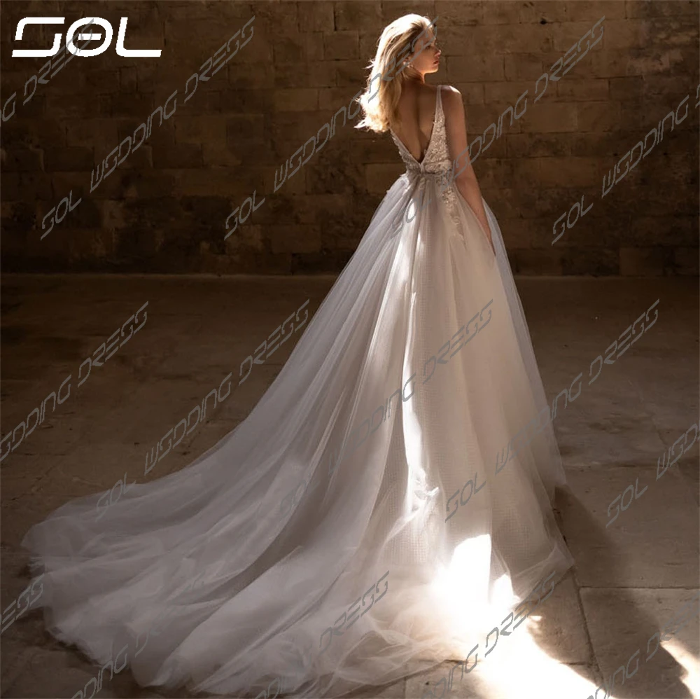 SOL-Robes de mariée à fente haute avec appliques en dentelle, bretelles spaghetti, robes de mariée élégantes, dos nu, patients A-ligne, quelle que soit la robe éducative