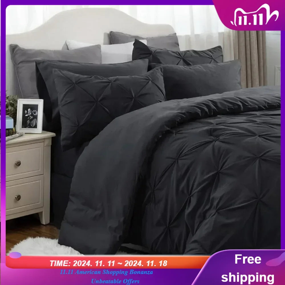 

King Comforter Set King Bed Set 7 Pieces, Pinch Pleat Black Cali King Bedding Set with Comforter,Sheets,Pillowcases Shams