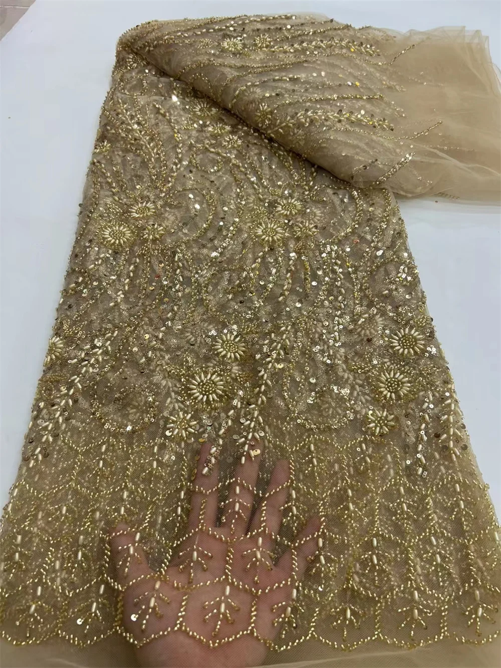 Tessuto di pizzo broccato oro 2024 Tessuto di organza jacquard di alta qualità Tessuto di pizzo damascato africano 5 metri Abiti da sera per le donne