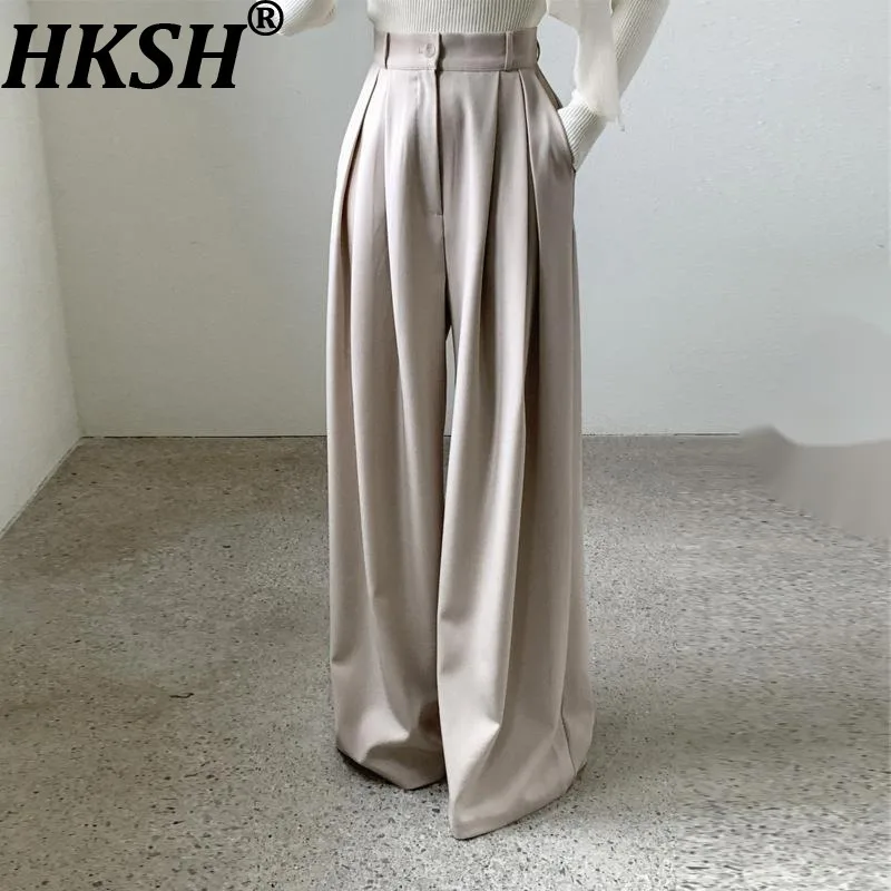 

HKSH осенний новый женский французский модный драпированный повседневный прямой костюм с широкими штанинами, модный универсальный низ на молнии HK9423