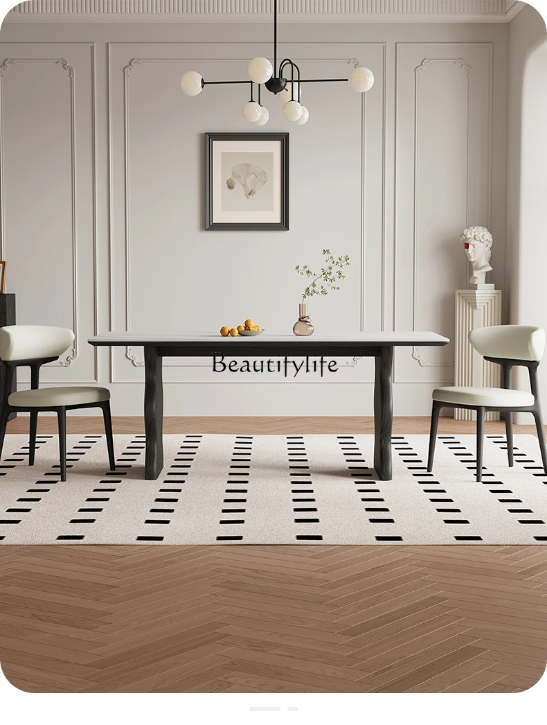 

*French retro black solid wood rock slab dining table modern simple home