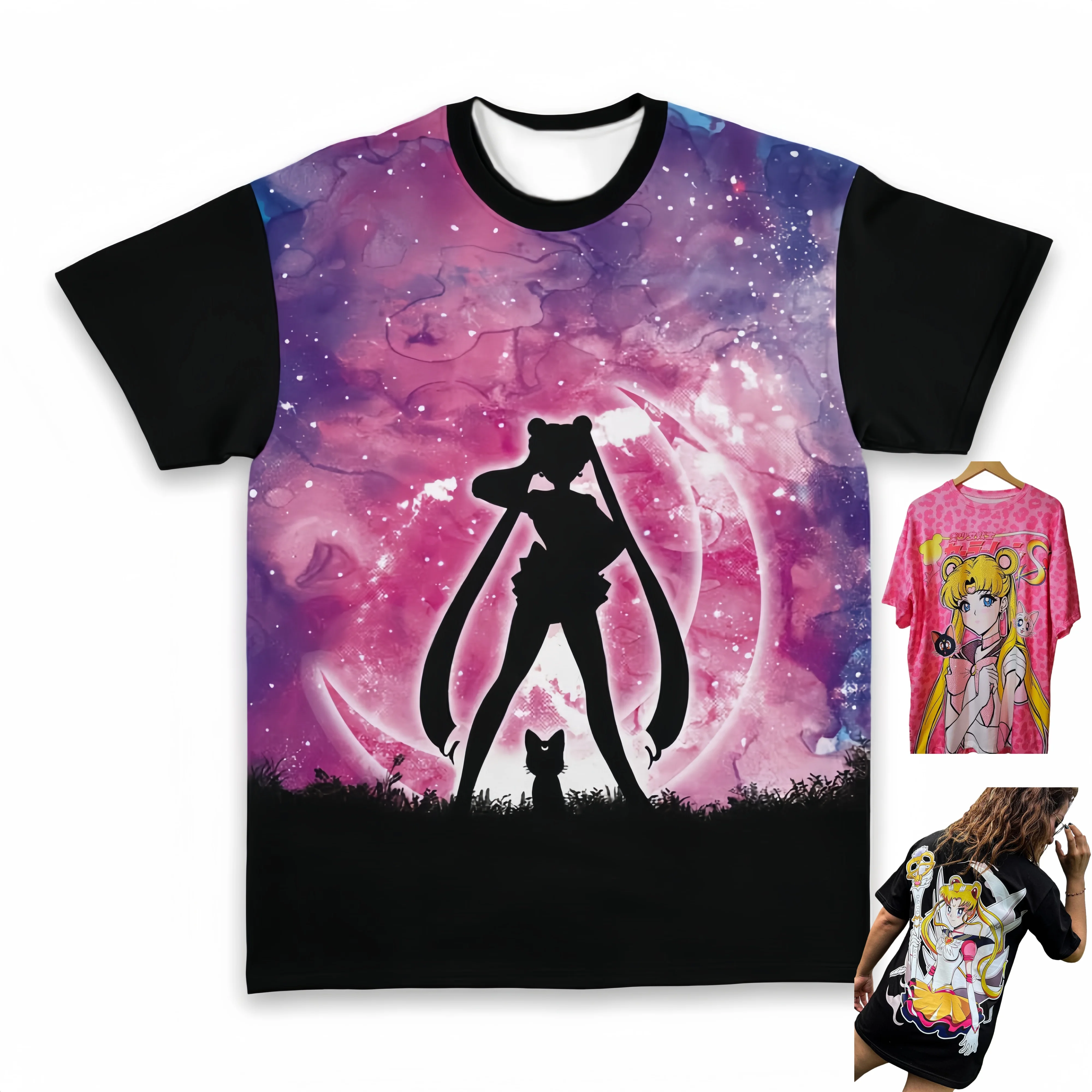 Beautiful Girl Warrior Surrounding Moon Hare Starry Sky Short Sleeve Anime Printing Fashion Personalized T-shirt Anime New Kids