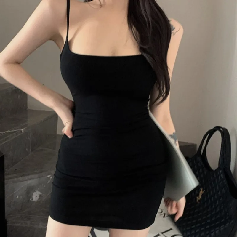 New Sexy Black Mini Dress Woman Camis Backless Off Shoulder Hip Up Skinny Slim Summer Vintage Y2K Fashion Evening Party Dresses