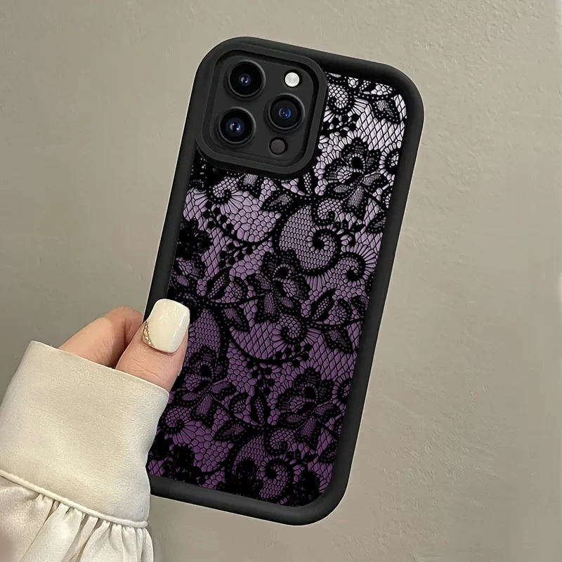 Black Purple Lace Hang Strap Phone Case For iPhone  16 17 Pro Max 16 15 14 Pro Plus 17E13 14 15 Shockproof Matte Silicone Funda view 5