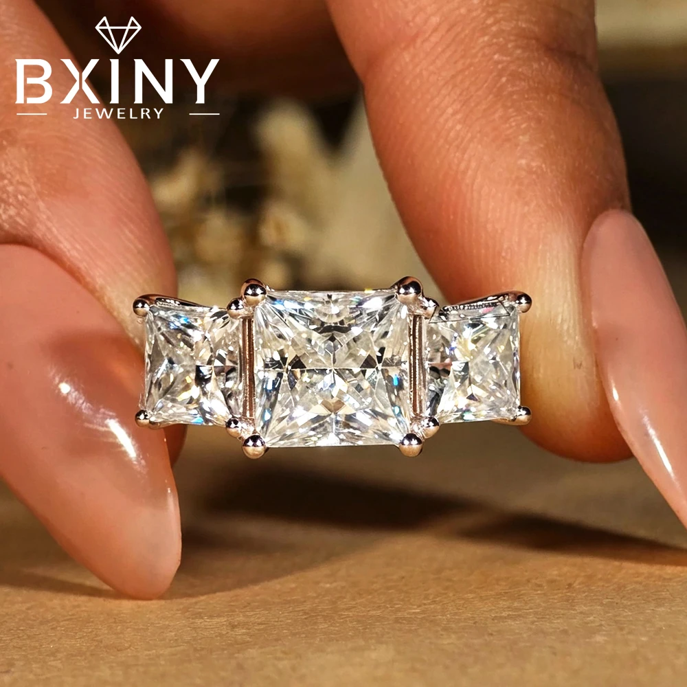 BXINY 3-Stone Princess Cut Moissanite Rings Solid S925 Silver Certified Square Diamond Wedding Band for Women Gifts Fine Jewelry