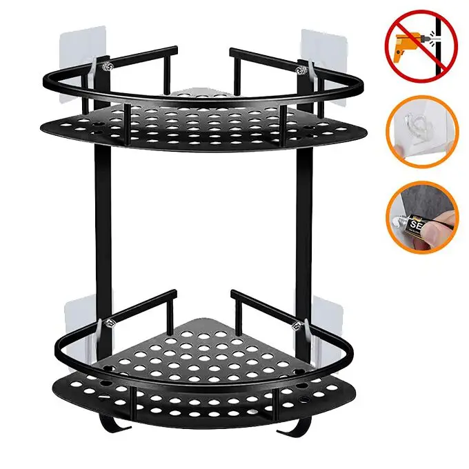 Homedec Hot Selling Adhesive Suction Corner Shelf Bathroom Shower Caddy Organizer Aluminum Drill Free Triangle 2 Tier Shelf