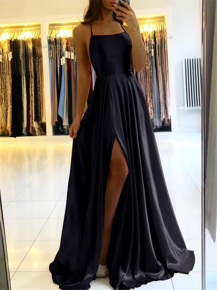 Elegant Women Maxi Beach Satin Dress Sexy Leg Slit Lace up Evening Prom Gown Adjustable Straps Bridesmaid Dresses