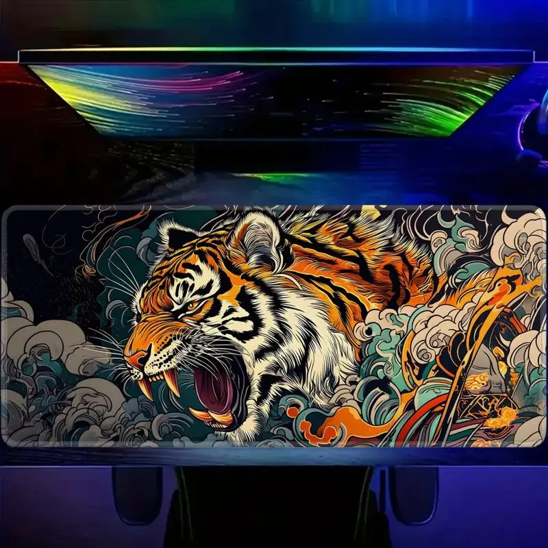 VIKAMA Roaring Tiger Desk Mat Non Slip Large Gaming Mouse Pad Oriental Cloud Wave Office Computer Decor Keyboard Mat