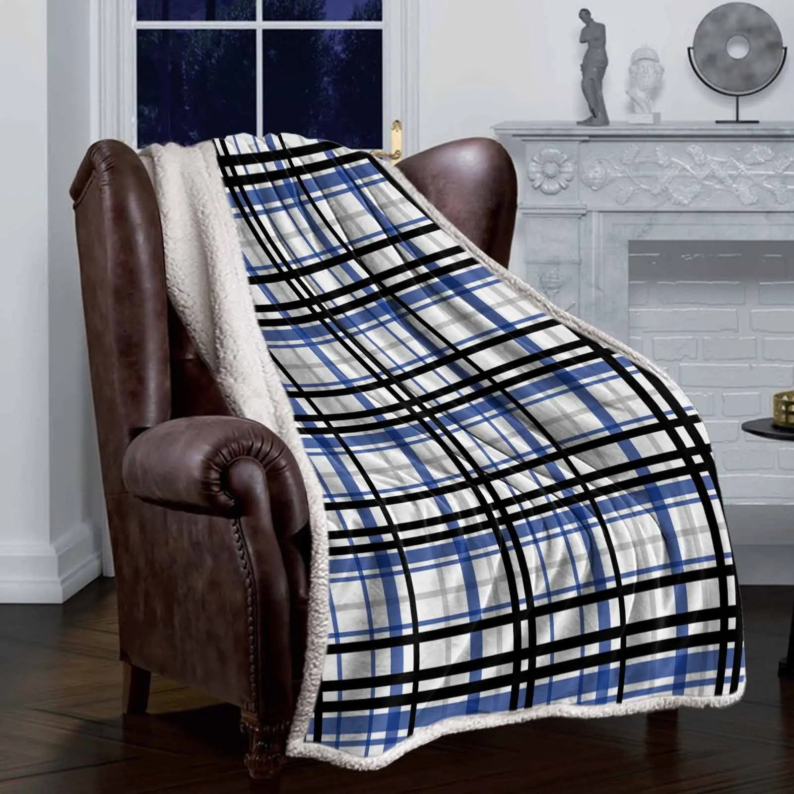 Black Blue GrayStriped Gridstyle double-layer thick winter blanket,soft and warm sheep wool crystal wool blanket,plush bed sheet