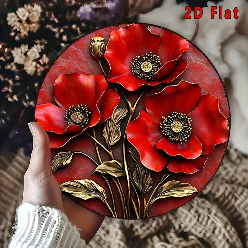 2D Flat Round Aluminum Red Poppy Flower Sign, Vintage Style Wall Plaque, High Bending Resistance, Durable Metal Decorative Sign