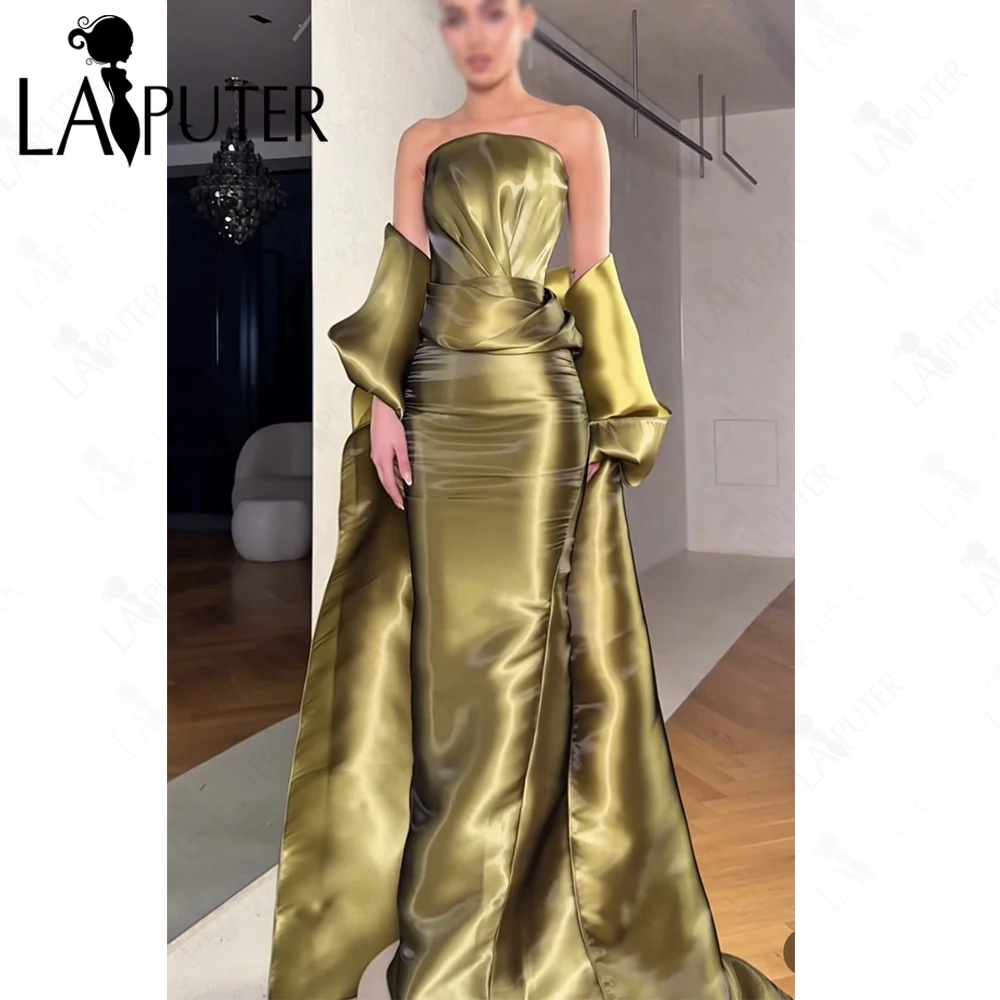 

Olive Green Shiny Evening Dresses Organza Mermaid Strapless Bodice Long Cape Sleeves Back Long Tail Elegant Woman Formal Dress